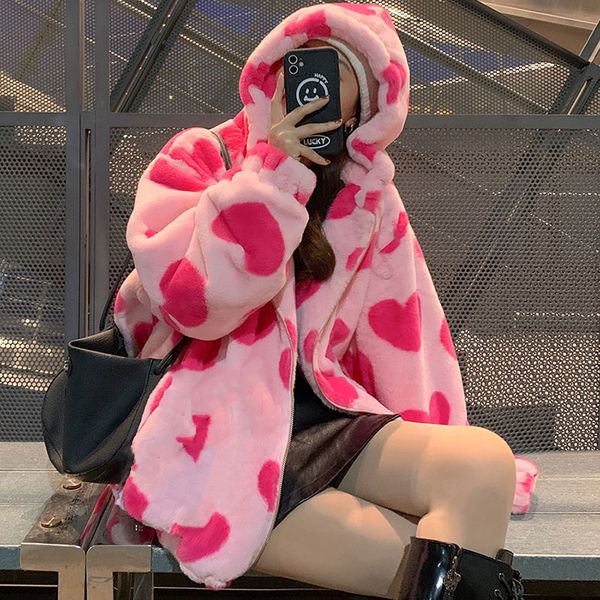 

90s harajuku heart-shaped print plush jacket women winter korean large size long sleeve hooded coat thick warm couple streetwear, Black;brown