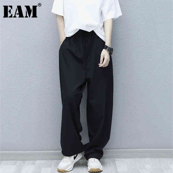

[eam] high elastic waist black drawstring wide leg casual trousers loose fit pants women fashion spring autumn 1dd7623 21512, Black;white