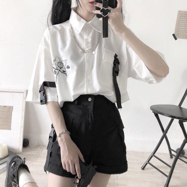 

[two piece suit] loose collar womenpant short sleeve shirt wide leg overalls shorts bf wind summer suit female student dropshipping, White
