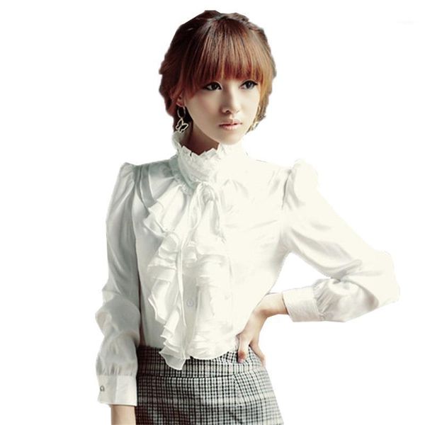 

fashion autumn big size women half turtlneck chiffon blouse female elegant formal long sleeve ruffles bow shirt clothes o58 women's bl, White