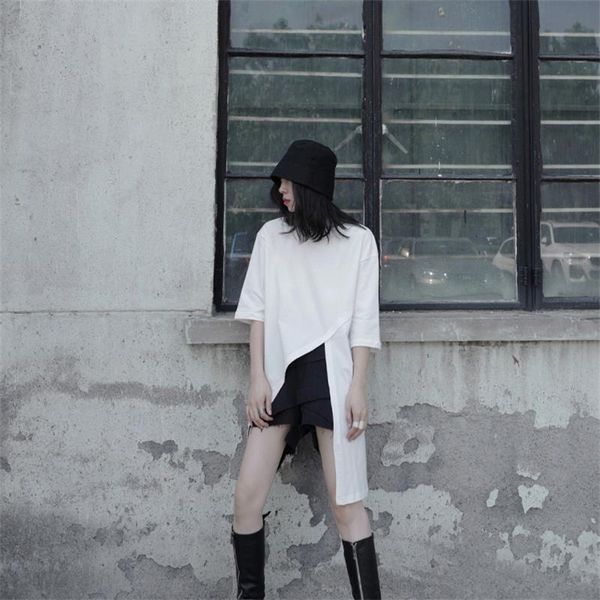 

women's t-shirt large mountain style deconstructed loose short sleeve summer slit designer small crowd black half, White
