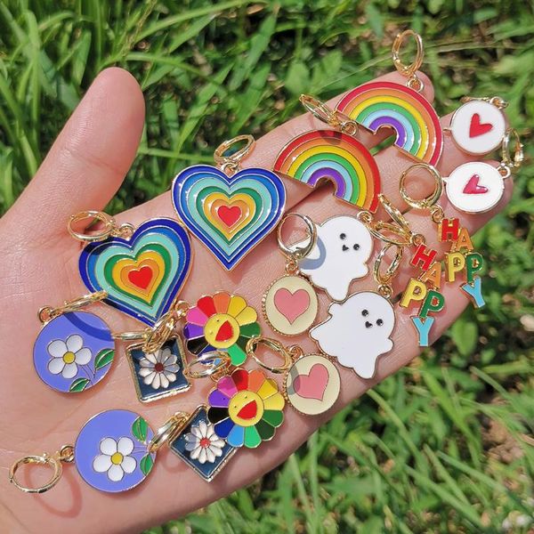 

hoop & huggie zx colorful enamel ghost rainbow heart flower statement hanging earrings gold color huggies wholesale jewelry gift, Golden;silver