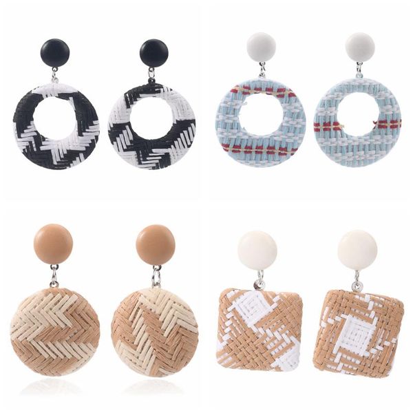 

round square geometric rattan earrings for women multicolor dangle drop gift party jewelry girls & chandelier, Silver