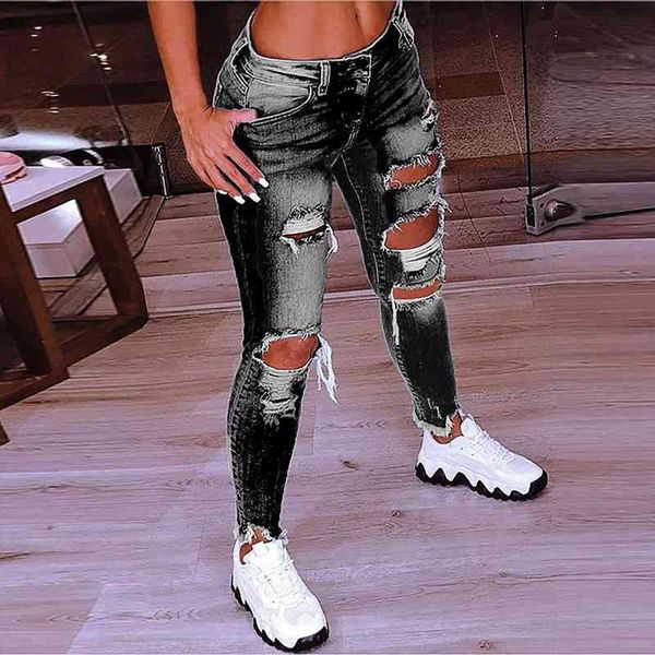 

solid color fashion hole low waist jeans flares ankle fashion pants trouser skinny jeans women, Blue