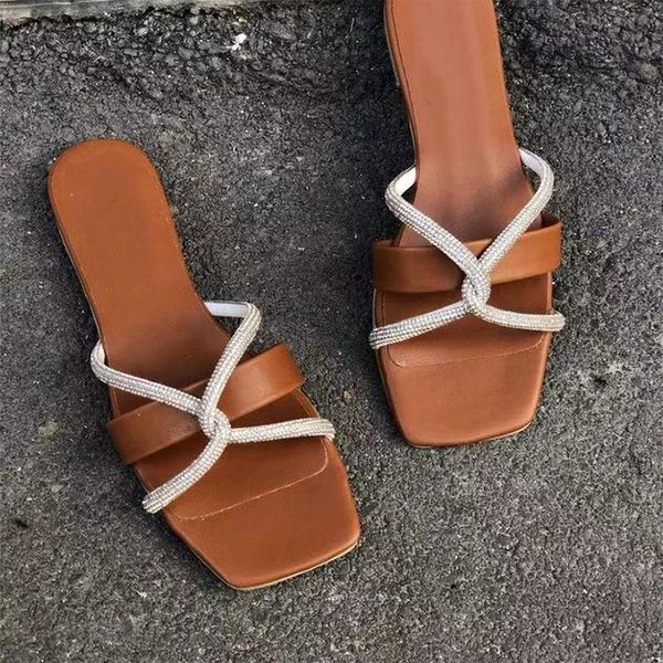 

slippers women square toe crystal woman casual cross flats 2021 summer ladies comfortable slides female beach shoes plus size, Black