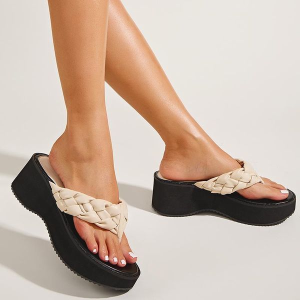 

slippers wedges ladies outside sandal slides women summer 2021 weave flip flops fashion high heels shoes for woman, Black
