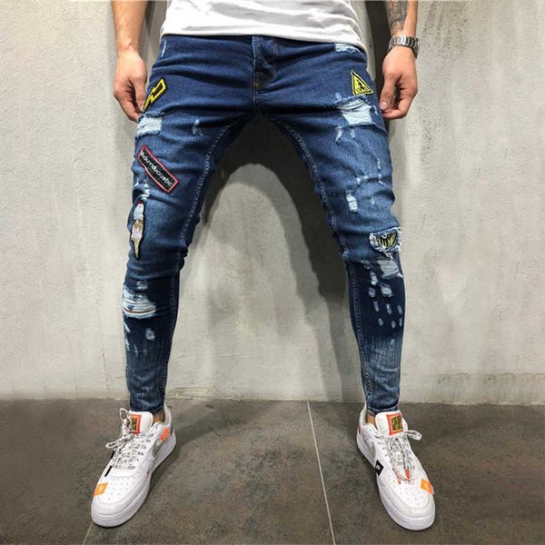 

men's jeans nens summer holes badges embroidered labeling fashion trend 2021 hip hop, Blue