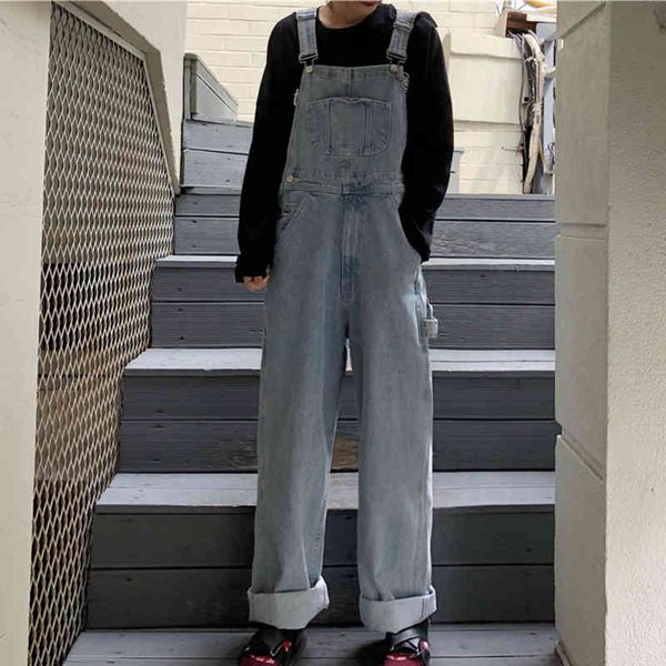

jean korean right-leg denim 100% cotton high waist oversize loose breech pants long women's overalls, Blue