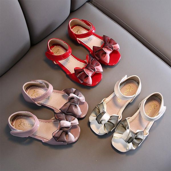 

summer girls sandals big bowtie princess shoes peep toe ankle strap kids patent leather children beach 1-14y, Black;red