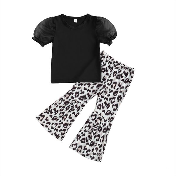 

kids baby girls summer clothes fashion 2 piece outfit set puff sleeve shirt leopard flared pants 7t, White