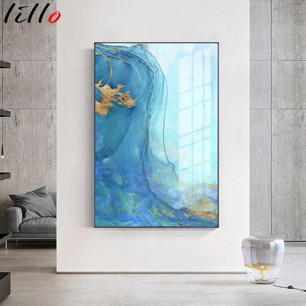 

paintings blue golden texture canvas modern rte abstract painting poster and wall print image for living room decor