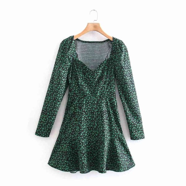 BBWM Mulheres Chic Moda Verde Flores Imprimir Mini Vestido Vintage Vintage Coração-Em forma de Coleira Longa Manga Feminina Vestidos 210520