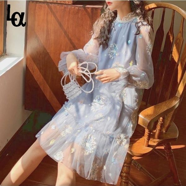 

vintage elegant floral blue midi dress women french kawaii long sleeve embroidery sweet sequin es summer 210519, Black;gray