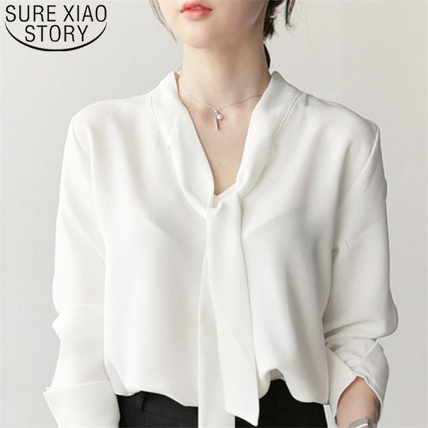 

casual autumn long sleeve v-neck women blouses chiffon blouse bow solid clothing fashion 5105 50 210510, White