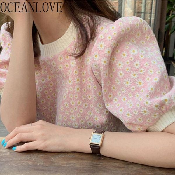 

women's t-shirt oceanlove knitted tee print floral puff sleeve summer korean retro woman t shirts sweet kawaii spring camisetas de muj, White