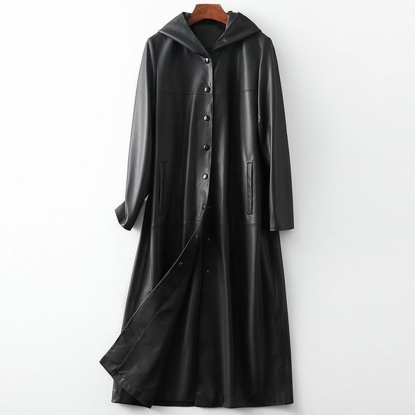 

women's leather & faux st23 real sheep hooded trench coats for women, Black