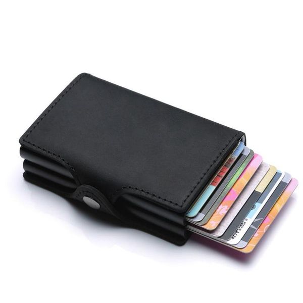 

card holders men holder fashion genuine leather metal with rfid case automatic money cash clip mini wallet, Brown;gray
