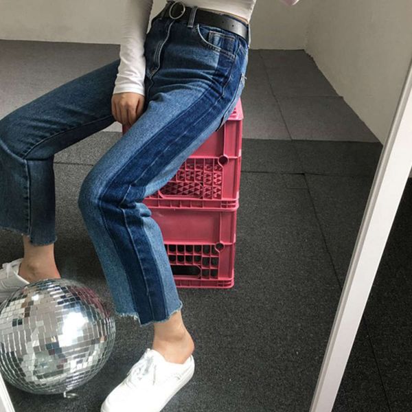 

shadow tube wide leg stitching loose large fat mm high waist thin pants, Blue