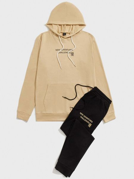 

men letter graphic kangaroo pocket hoodie & sweatpants set o0tq#, Gray