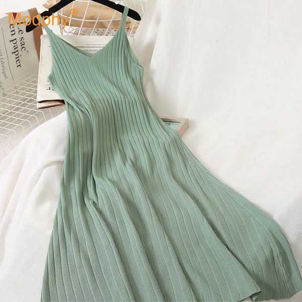 

knit spaghetti dress women bodycon midi vest casual party a-line sweater female fashion streetwear 210527, Black;gray