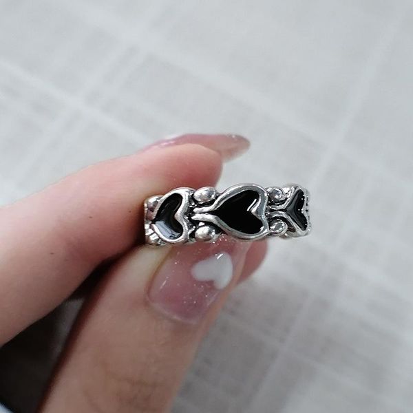 

wedding rings metal punk black heart chain for women retro ring female jewelry party gift, Slivery;golden