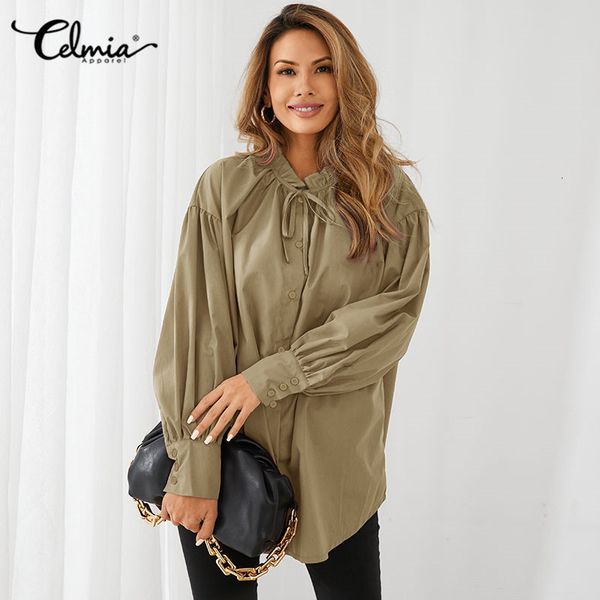 

blouses elegant blouses celmia 2021 lace-up women lantern sleeve ruffles shirts casual solid blusas fashion pleated plus size, White