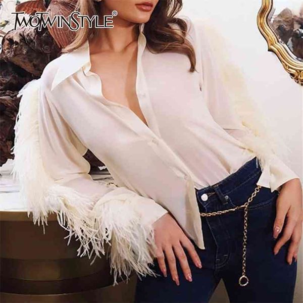 

black patchwork feather shirt for women lapel long sleeve minimalist casual blouse female fashion clothing 210524, White