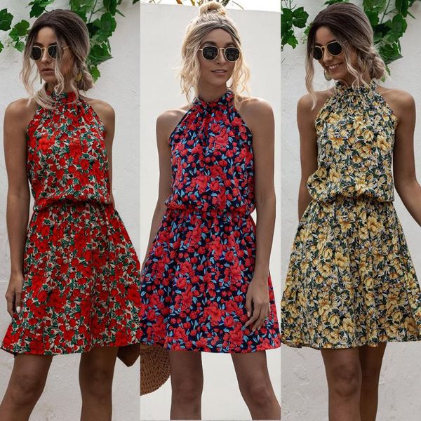 

casual dresses summer floral print sleeveless off shoulder mini dress women slim lace up decor bow design halter short vestidos, Black;gray