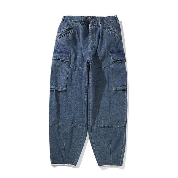

men's jeans japanese style retro stereo pocket distressed for men and women american hip-hop street casual harem pants, Blue