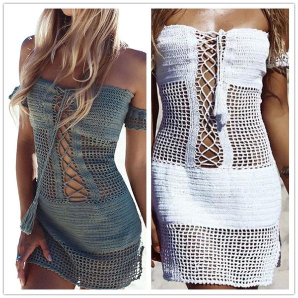 

women's tankini swimjupmsuit swimsuit beachwear bandage sleeves swimwear summer solid crochet knitted long beach dress cover up two-pie