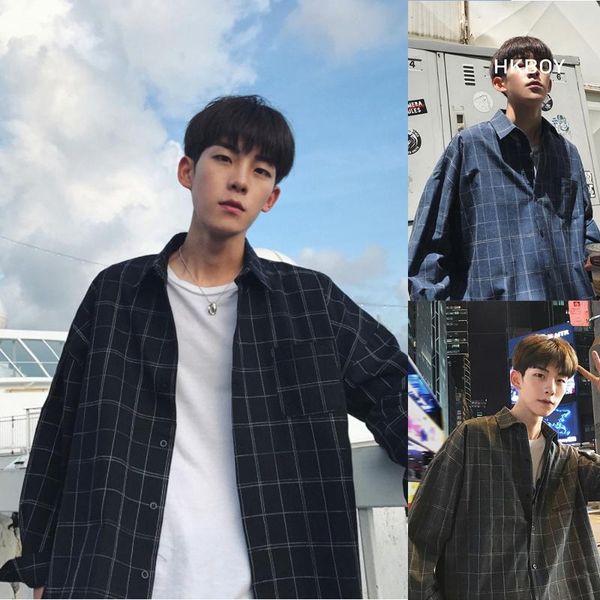

men's casual shirts autumn plaid shirt men long sleeve button up fashion korean style hip hop kpop clothes 2021 ulzzang hawaiian male c, White;black