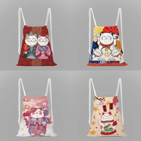 

backpack japan lucky cat polyester travel bag storage clothes shoes cotton drawstring school portable