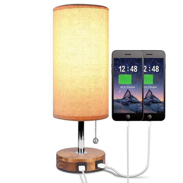 

table lamps led bedside lamp, desk light w/ 2 usb charging ports for living room/bedroom, fabric lampshade&wooden base
