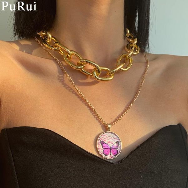 

punk chunky butterfly pedant necklace hiphop gothic gold color layered cuban link chain chocker for women jewelry pendant necklaces, Silver