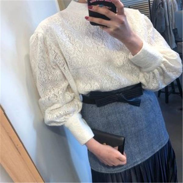 

fall vintage mandarin collar casual white hollow women shirt pearl buttons all-match blouse office lady women's blouses & shirts