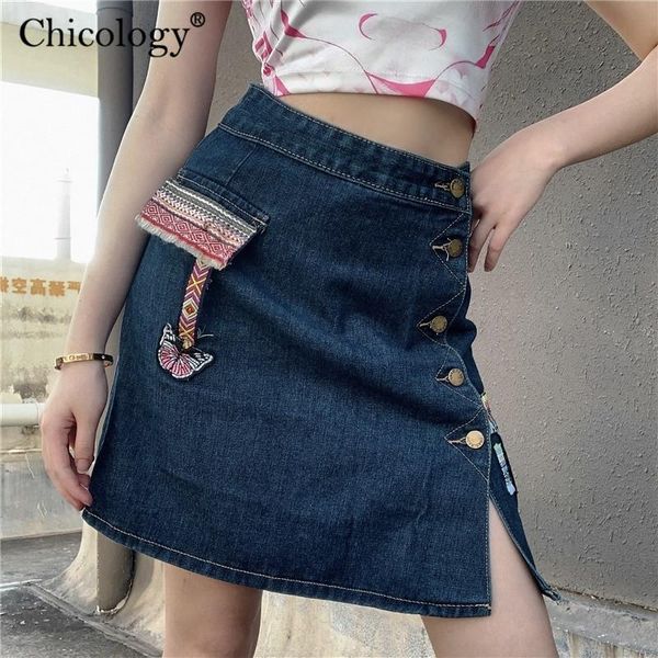 

skirts chicology pocket button jean mini higt waist pencil skirt 2021 summer gothic women streetwear female vintage short clothes, Black