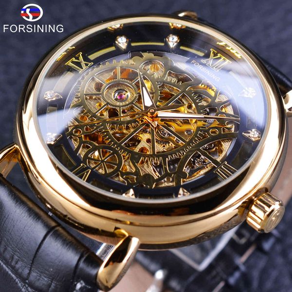

researching men automatic mechanical clock classic golden opened iron curtain black leather band transparent case polar, Slivery;brown