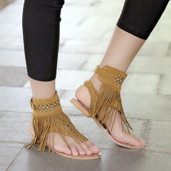 

women's sandals flat tassel casual summer shoes, Black
