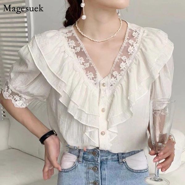 

women's blouses & shirts korean chic embroidery lace women summer v-neck puff short sleeve ruffled elegant slim loose blouse 13762, White