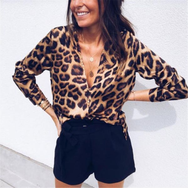 

vogue leopard print loose womens shirts long sleeve v neck blouses female fashion clothing, White