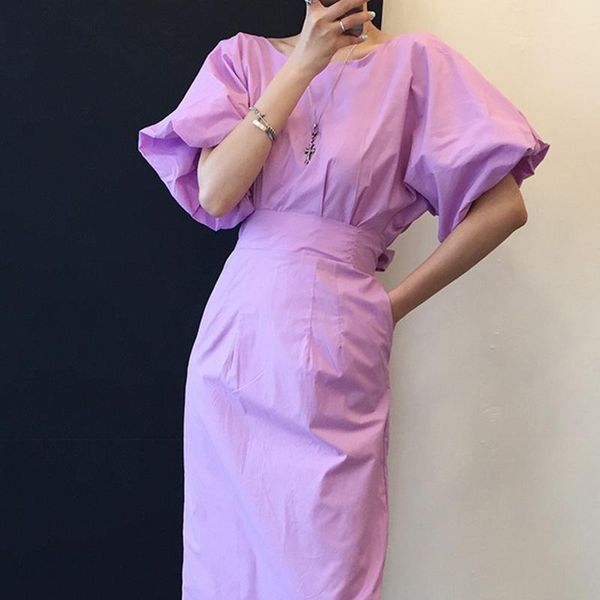

casual dresses cinessd women korea retro candy solid color long dress vestidos round collar female backless tie waist lantern sleeve slit, Black;gray