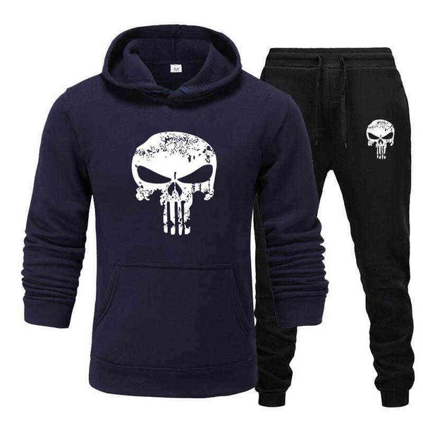 

2 pieces sets tracksuit hooded sweatshirt +drawstring pants male sport hoodies running sportswear men skull brand autumn winter g1209, Gray