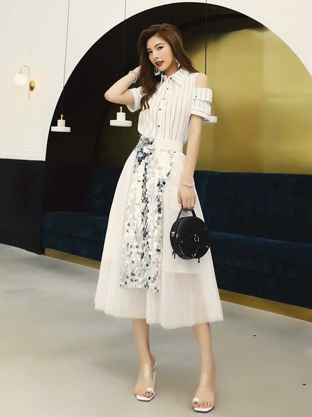 

two piece dress ladies skirt summer fashion 2 set skirt suits women off shoulder striped shirts+big swing sequined skirts 0go9, White