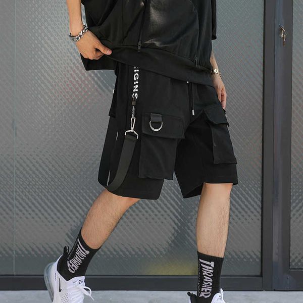 

men's shorts streetwear ribbons casual mens summer hip hop male black knee length multi-pockets punk short pants men zo7e ovyi, White;black