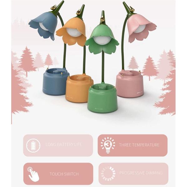 

table lamps flower shape desk lamp rechargeable led usb charging port flexible gooseneck 3 color modes & stepless dimming for kids dorm