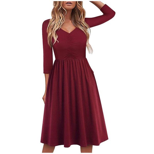 

casual dresses women boho solid color print long sleeve dress v-neck beach swing sundress evening party vestidos de fiesta-, Black;gray
