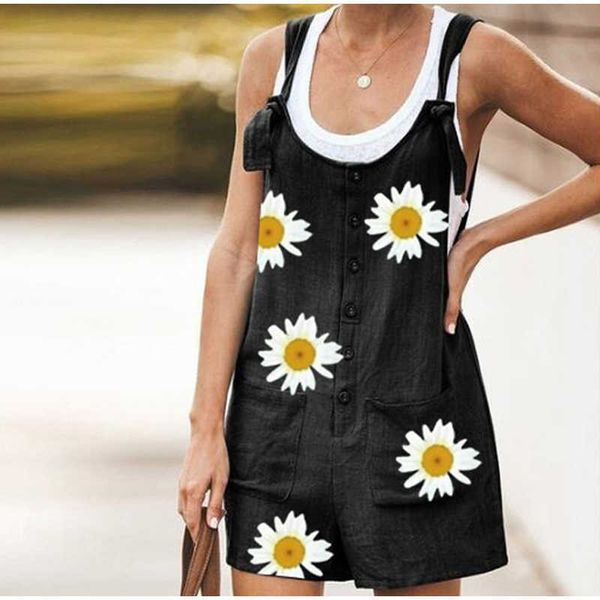 Mulheres Macacões Summer Casual Solta Manger Sem Mangas Botão Sólido Botão Suspensórios Bancos Big Calças Curtas Pens Largo Playsuits Macacões 210709