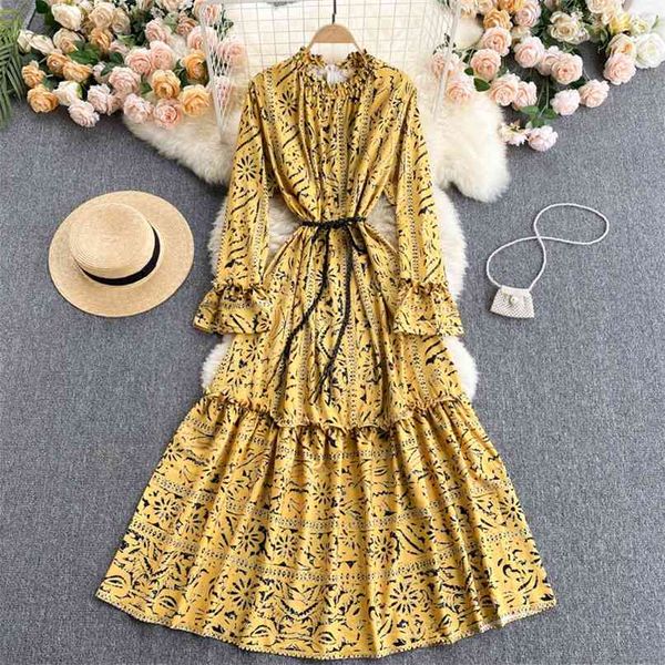 Lady Fashion Spring Sweet Wood Coll Coll Woll Дливая труба рукава Slim A-Line платье для печати Одежда Vestidos S342 210527