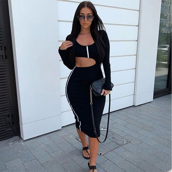 

casual dresses bkld women fashion party stripe patchwork hollow out long sleeve bodycon midi 2021 autumn sheath black pencil dress, Black;gray