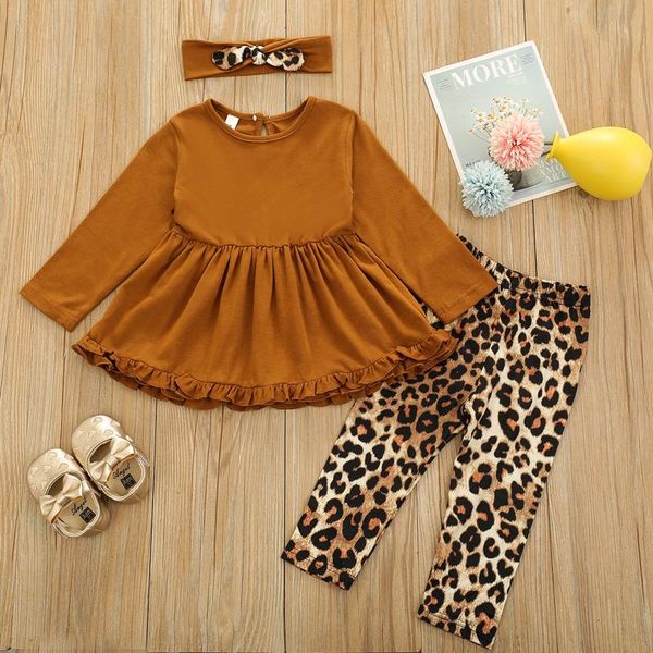 

clothing sets girl\u2021s long-sleeved and trousers suit solid color ruffles t-shirt leopard elastic long pants headband 6 months-4 years, White